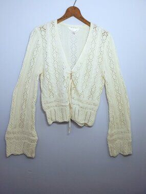 No Boundaries Boho Open Knit Cardigan Sweater Ivory Tie Front Cropped Sz Medium